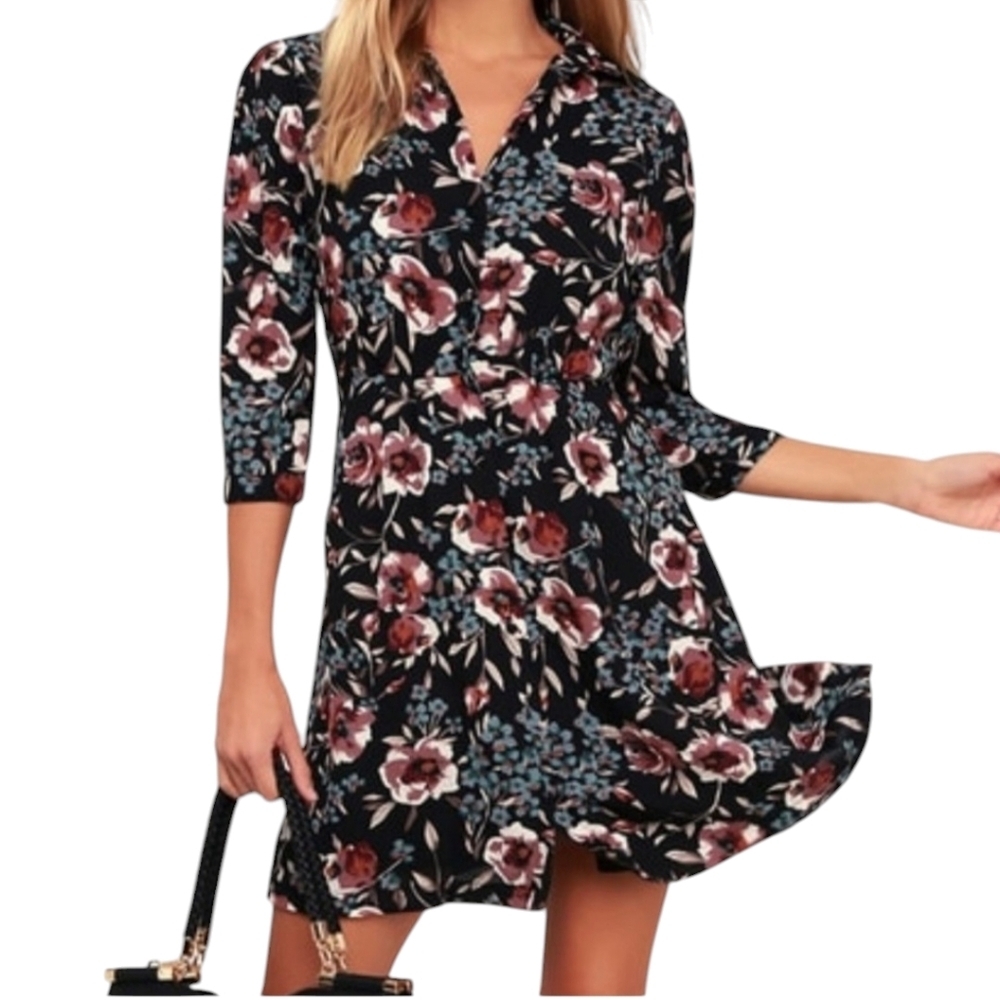 Lulus Such a Beauty Dress Medium Black Floral Button-Up Collar Button Front
